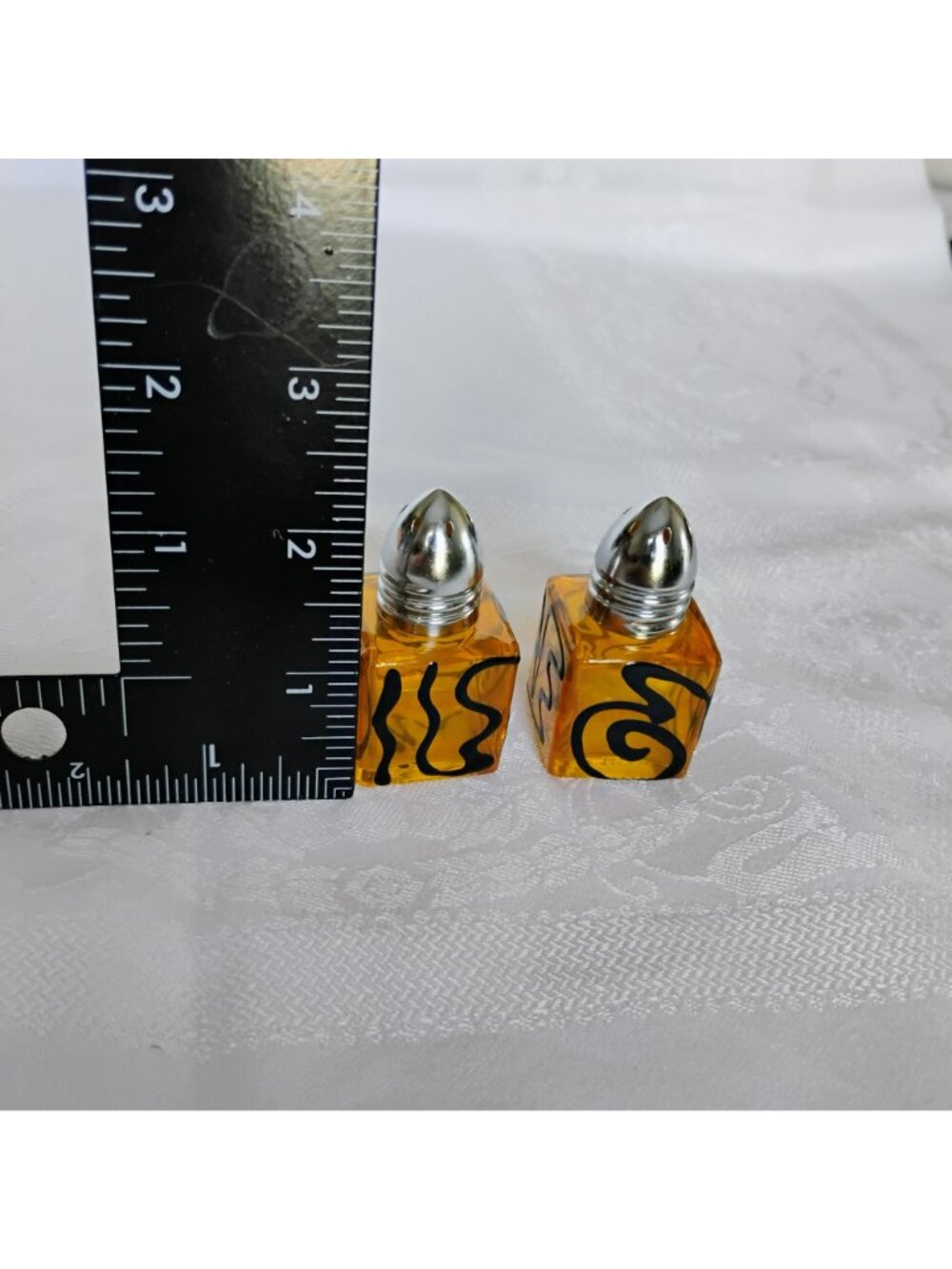 Vintage Topaz Glass Salt Pepper Shakers With Black Swirl Design & Silver Lids - Picture 5 of 8